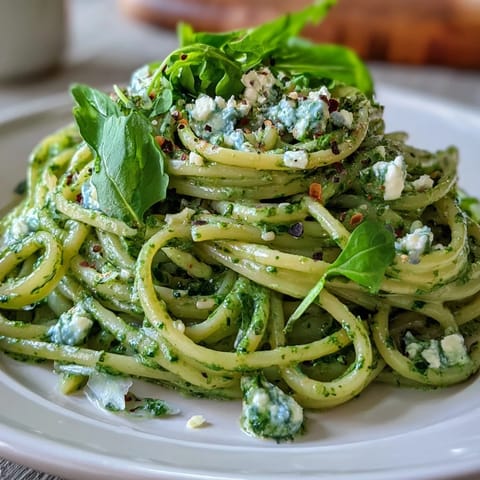 Hearty Linguine with Arugula Pesto served in a white bowl garnished with fresh arugula.
