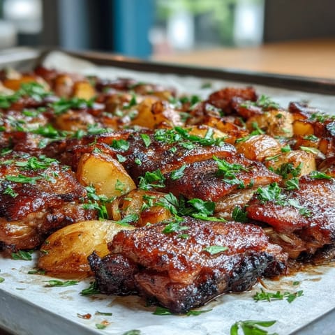 Golden pork slices with tangy rhubarb and red onion wedges, glazed with honey and warming spices.  