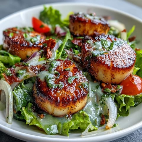 Plump, golden seared scallops rest on a bed of escarole salad topped with shaved Parmesan and toasted pine nuts.