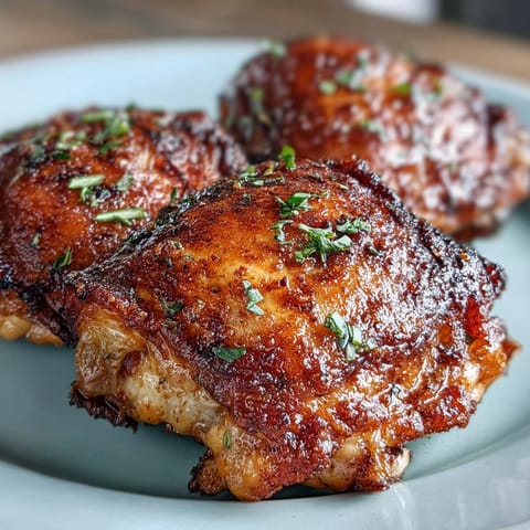 A serving of Crispy Baked Bone-In Chicken Thighs is garnished with lemon wedges and fresh parsley.