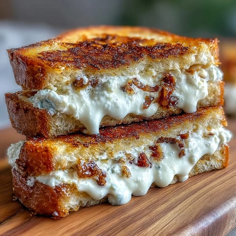 Melted chèvre and cream cheese blend inside crisp, buttery Goat Cheese Grilled Cheese with Honey & Chili Flakes.