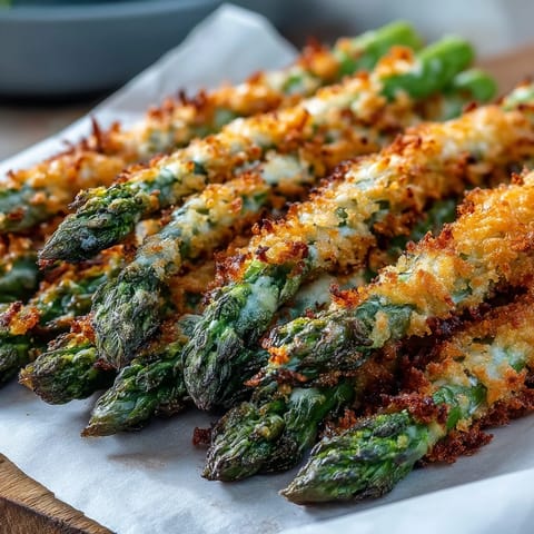 Close-up of Crispy Asparagus Asiago Spears showing the crunchy panko and Asiago crust over tender green spears.