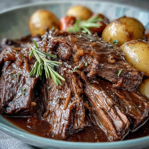 Succulent shredded Beef Pot Roast served over buttery egg noodles, garnished with fresh parsley and rich gravy.
