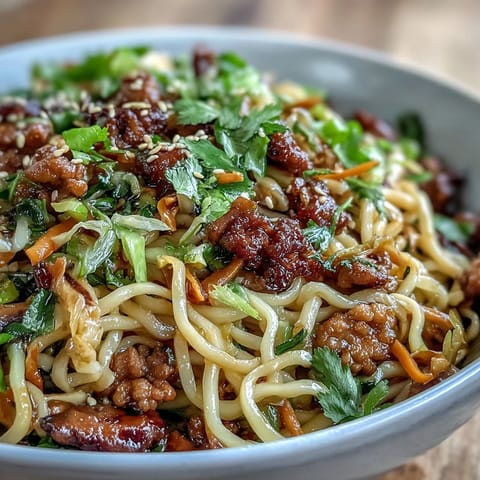 A close-up of Potsticker Noodle Bowls featuring savory pork, crisp cabbage, and glistening sauce.