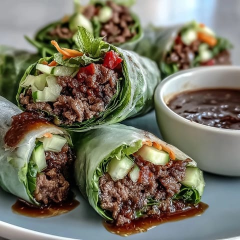 Freshly rolled Thai Basil Beef Rolls filled with savory beef, crisp veggies, and soft rice paper, served with a spicy dipping sauce.