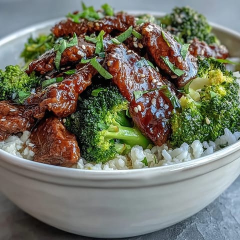 Steamed broccoli florets and seared beef mingle over jasmine rice, garnished with fresh green onions in this hearty Beef and Broccoli Bowl.
