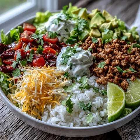 A deconstructed Turkey Taco Bowl features seasoned turkey, shredded lettuce, cheddar cheese, and a dollop of sour cream on warm rice.