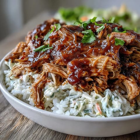 Pulled pork bowl garnished with fresh cilantro and green onions, drizzled with smoky BBQ sauce.