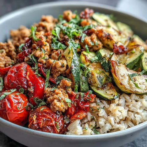 Roasted zucchini, red bell pepper, and cherry tomatoes mingle with savory ground turkey and quinoa, topped with fresh avocado and lime wedges.
