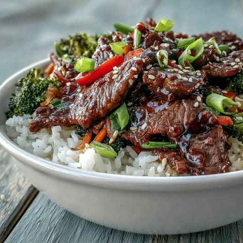 Savory Teriyaki Beef Bowl garnished with sesame seeds and green onions, ready to serve.