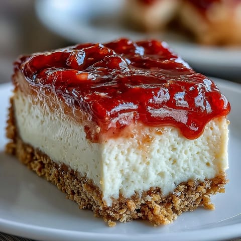 A slice of Guava Cheesecake with a creamy filling and pink swirls sits on a white plate next to a cup of coffee.