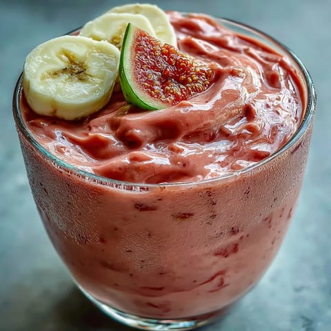 Creamy Guava Banana Smoothie in a tall glass, garnished with fresh banana slices and guava flesh.