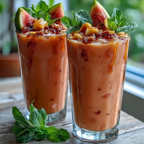 Chilled Guava Juice Smoothie blended with Greek yogurt and honey, garnished with a tropical fruit slice.