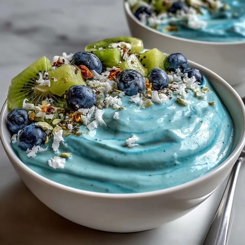 Creamy blue spirulina base of the Whimsical Healthy Mermaid Smoothie Bowl with dragon fruit, coconut flakes, and hemp seeds.