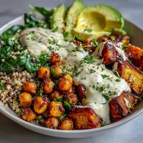 A colorful Anti-Inflammatory Glow Bowl with fluffy quinoa, fresh spinach, and creamy tahini yogurt sauce.
