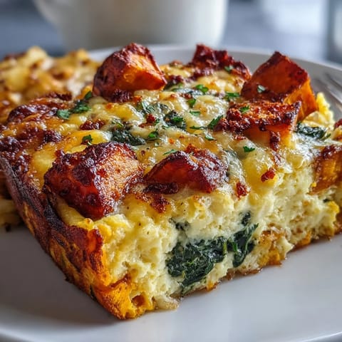 Close-up of a slice of Easy Sweet Potato Egg Casserole on a white plate, revealing soft eggs, melted cheddar, and vibrant spinach pieces. 