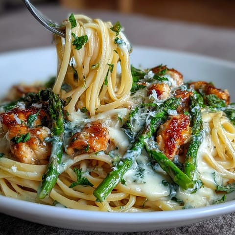 Tender chicken and golden, crispy Asiago roasted asparagus mingle in a rich cream sauce over linguine, steaming on a white plate.  