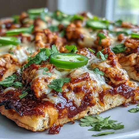 Golden, bubbly cheddar cheese melts over garlic naan, topped with shredded chicken, red enchilada sauce, and fresh jalapeño slices.