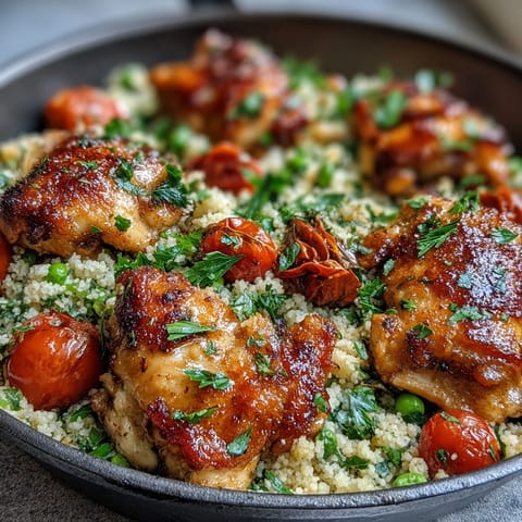 Golden-brown chicken breasts and fluffy couscous simmering in garlic butter, cherry tomatoes, and peas in a one-pan meal.