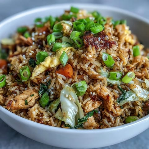 Steaming hot Egg Roll Fried Rice with Chicken, featuring fluffy rice, tender chicken, and vibrant stir-fried vegetables like cabbage and carrots.