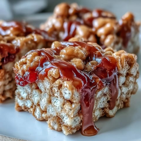 High-Protein PB&J Rice Krispie Bars stacked on a plate, ideal for a protein-packed snack or on-the-go breakfast with a nostalgic flavor.