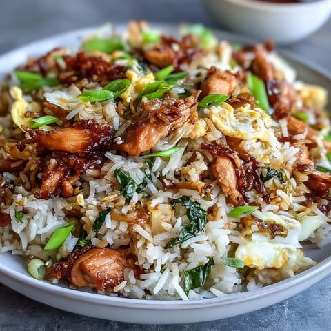 Steaming hot jasmine rice is wok-fried with ginger, garlic, and soy sauce, creating the base for this flavorful Egg Roll Fried Rice. 