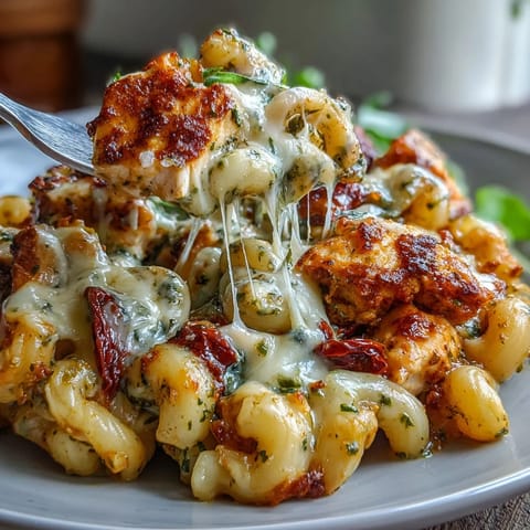 Steaming bowl of Pesto Chicken Chili Mac topped with melted mozzarella, fresh basil, and sun-dried tomatoes.