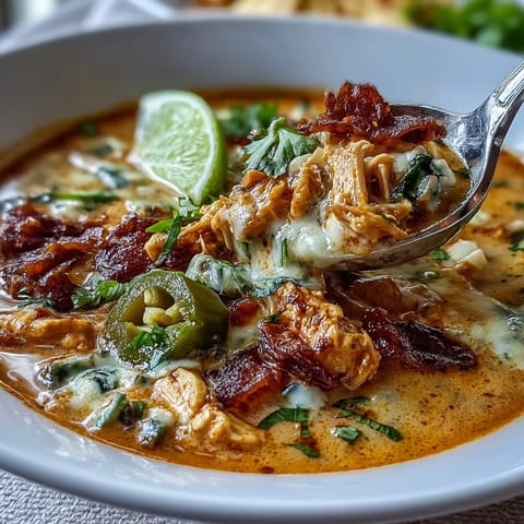 Keto Creamy Chicken Enchilada Soup in a white bowl, garnished with fresh cilantro and avocado slices, rich and cheesy broth with tender shredded chicken and bell peppers.