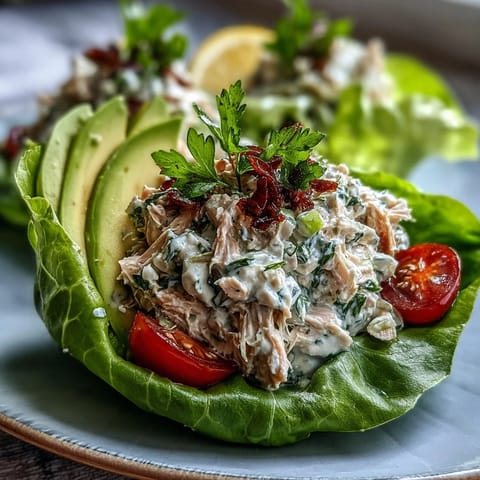 Fresh high-protein tuna salad lettuce cups with avocado and cherry tomatoes for a light, healthy lunch.