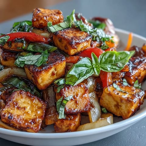 A colorful vegan Thai basil tofu stir-fry with crisp bell peppers, snap peas, and golden tofu in a savory sauce.