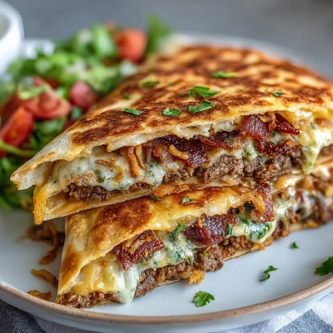 A crispy keto Crunchwrap Supreme with seasoned beef, melted cheese, and fresh lettuce in a homemade almond flour tortilla.