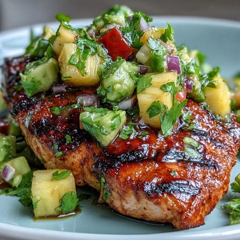 Grilled chicken with mango avocado salsa, featuring juicy chicken topped with vibrant tropical fruit and creamy avocado.  