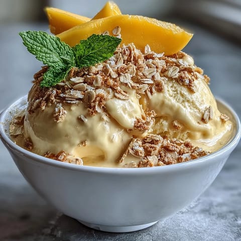 Creamy vegan mango coconut ice cream with toasted oats, fresh mango slices, and mint—perfect for a refreshing summer treat.