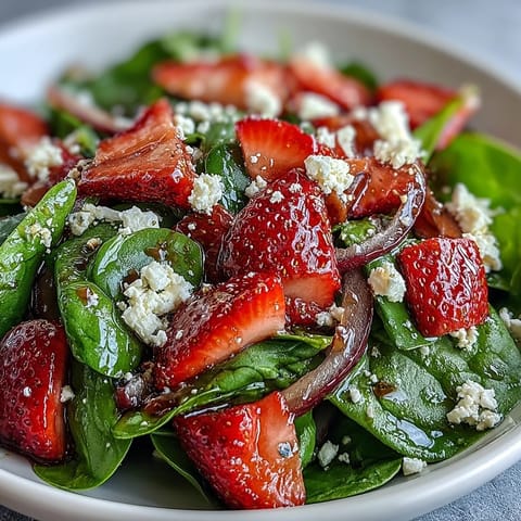Fresh strawberry spinach salad with feta and toasted almonds, bursting with sweet berries and crunchy nuts.  