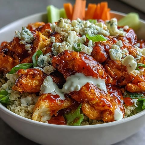 Low-carb buffalo chicken cauliflower rice bowls topped with crisp celery, carrots, and a creamy ranch drizzle for a satisfying keto meal.  