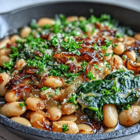Creamy white beans and fresh spinach simmered in a bright lemon-garlic sauce, topped with parsley.  