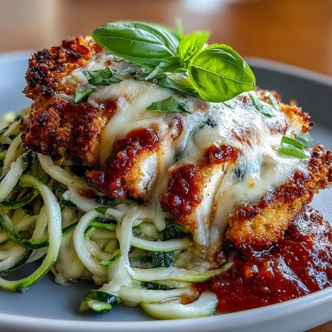A golden-baked chicken parmesan rests over vibrant zucchini noodles, topped with marinara and melted mozzarella for a healthy Italian dinner.  