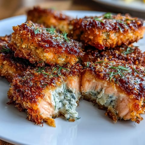 Savory salmon pieces coated in seasoned panko breadcrumbs, baked until crunchy and served hot with dipping sauce.  