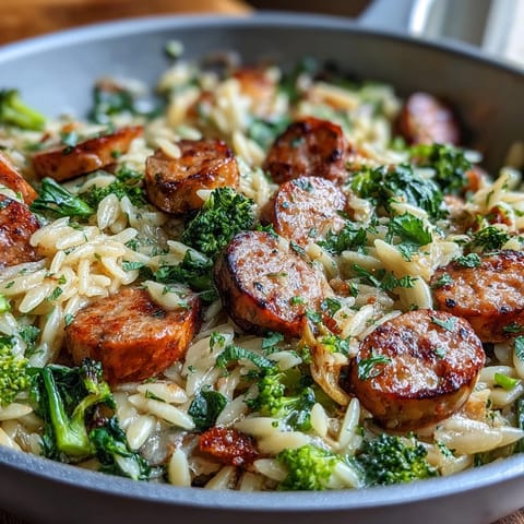 Cozy weeknight meal featuring juicy chicken sausage slices, al dente orzo, and crisp-tender broccoli, all simmered together in one skillet.  