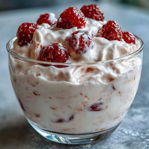 Light and airy cottage cheese raspberry mousse with vibrant red raspberry swirls.  