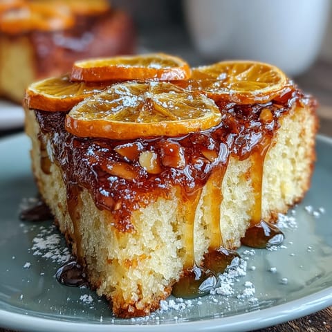 Candied orange almond cake with glossy citrus slices atop a golden gluten-free almond base.