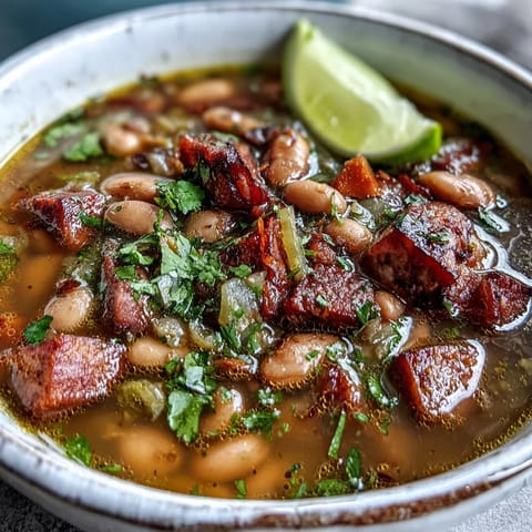 Warm Tex-Mex ham and pinto bean soup topped with fresh cilantro, lime wedges, and avocado slices for a comforting meal.  