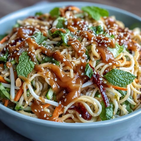 Asian Spring Roll Bowl with Peanut Sauce featuring colorful vegetables, fresh herbs, and a creamy peanut drizzle over rice noodles.