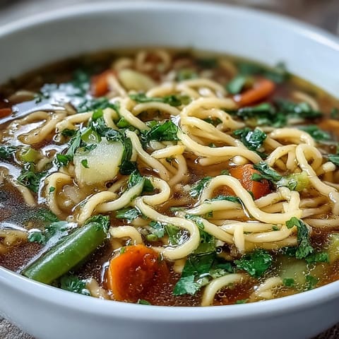 A steaming bowl of simple vegetable noodle soup filled with carrots, celery, and tender noodles, perfect for warming up on cold days.