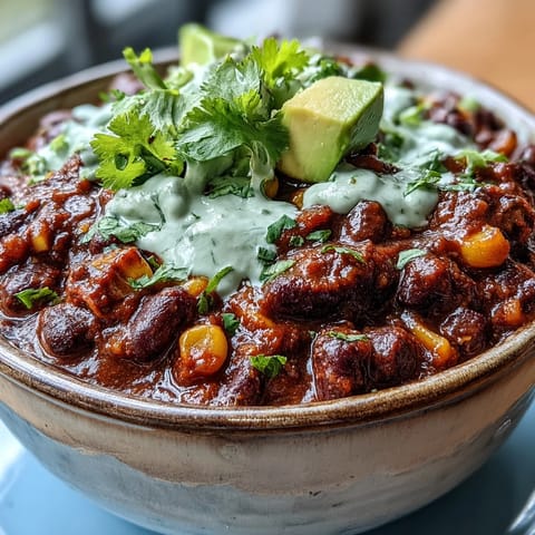Flavorful black bean and corn chili with bold spices, garnished with fresh cilantro and lime crema.  
