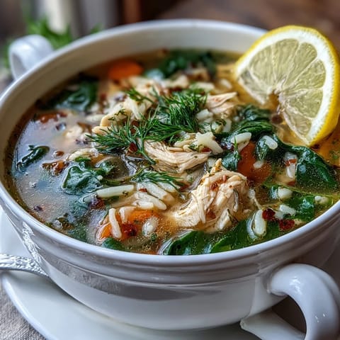 A vibrant bowl of lemon chicken orzo soup with tender chicken, fresh spinach, and a bright citrus finish.