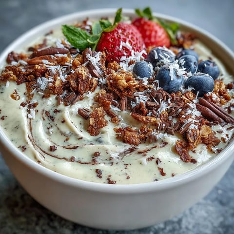 This coffee-infused smoothie bowl blends vanilla bean, banana, and yogurt, then gets topped with granola and fresh fruit for a satisfying snack.