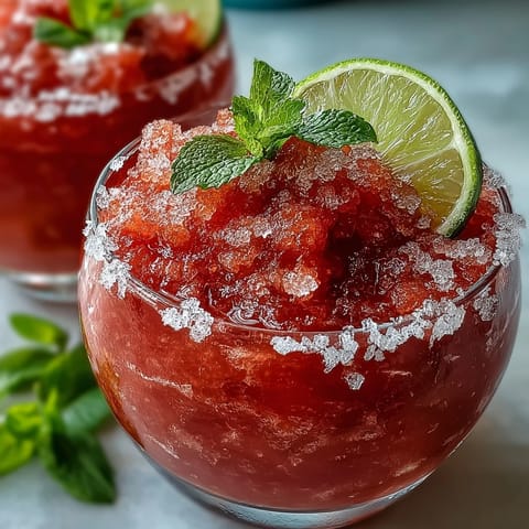 Refreshing blend of frozen strawberries, lime juice, and sparkling water in a frosty glass with sugared rim.  