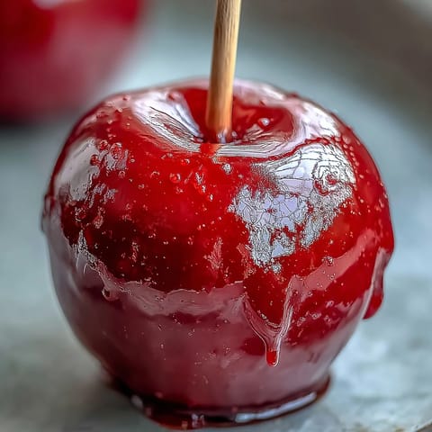 A glossy red candy shell encases crisp Granny Smith apples, creating a vibrant, festive treat perfect for parties.
