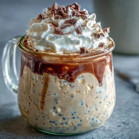 Creamy vanilla bean frappuccino overnight oats layered with espresso and chia seeds in a jar, topped with whipped cream and chocolate shavings.